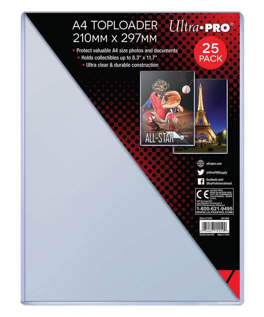 Accessoires A4 size Toploader (210 mm x 297 mm / 8.3" x 11.7") Toploader. Keeps cards, photos and other collectibles clean, recyclable. 25 Toploaders per pack.Holds valuable A4 size photos and other collectibles (210mm x 297mm)Holds photos and other colle