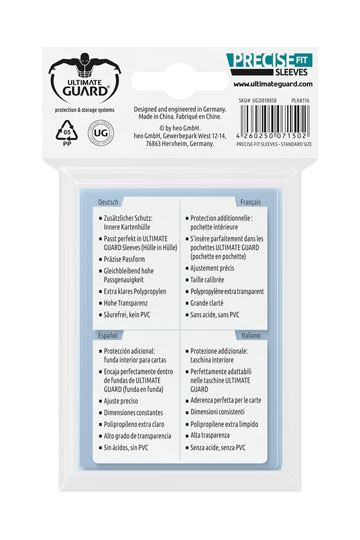 Accessoires This pack contains 100 interior card sleeves for additional protection of all standard sized gaming cards, like Magic the Gathering™, Pokemon™ and others.- Fits perfectly into ULTIMATE GUARD Sleeves standard size (sleeve in sleeve)- Precision