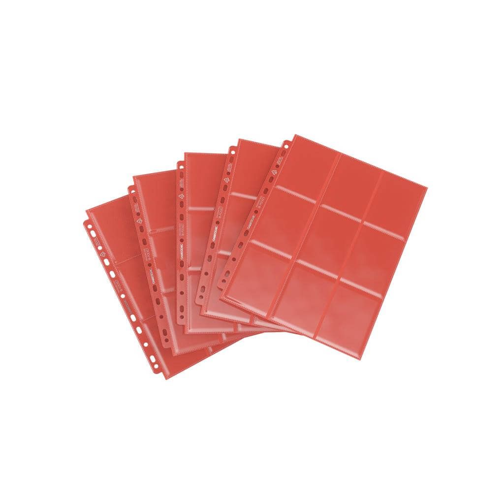 Accessoires Deze sideloading pocket pagina's bieden bescherming voor standaard- en Japanse kaarten. Elke pagina bevat 18 vakken die via de zijkant gevuld kunnen worden en is geschikt voor een ringbandmap dankzij de 11-gaats rug. Deze display bevat 50 rode
