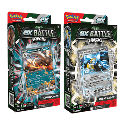 Pokémon Powerful Pokémon ex are ready to charge onto the battlefield in the new Pokémon TCG: ex Battle Decks (Melmetal and Houndoom). Each 60-card deck is led by an exceptional Pokémon ex and includes everything you need to play right away. Let the battle