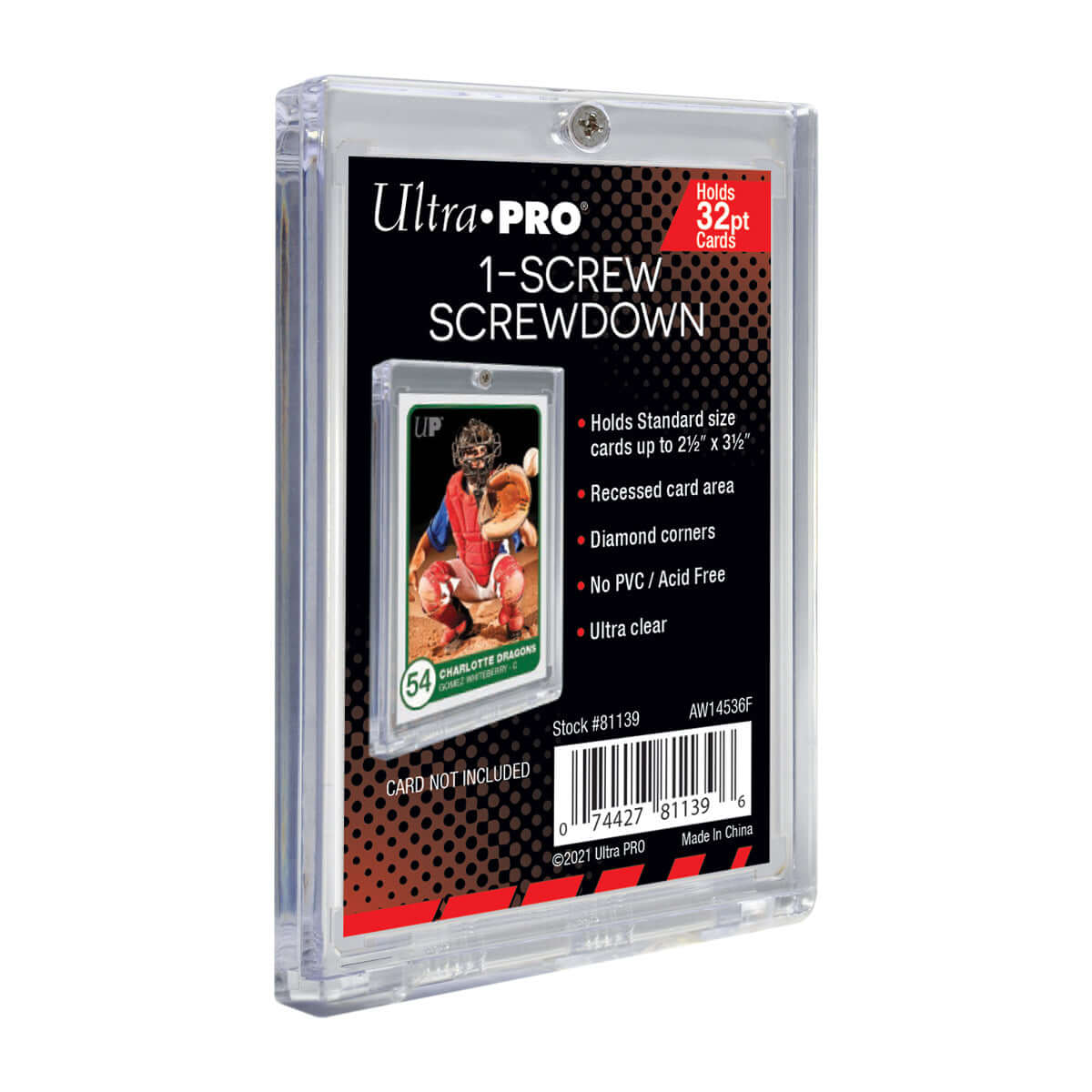 Accessoires Specialty holder designed with 32pt. thickness card recess. Holds 2-1/2" x 3-1/2" (63.5 mm x 88.9 mm) standard sized card. Constructed from two-piece ultra clear material with slide-in hinge & single screw closure with no PVC and acid free. Fe