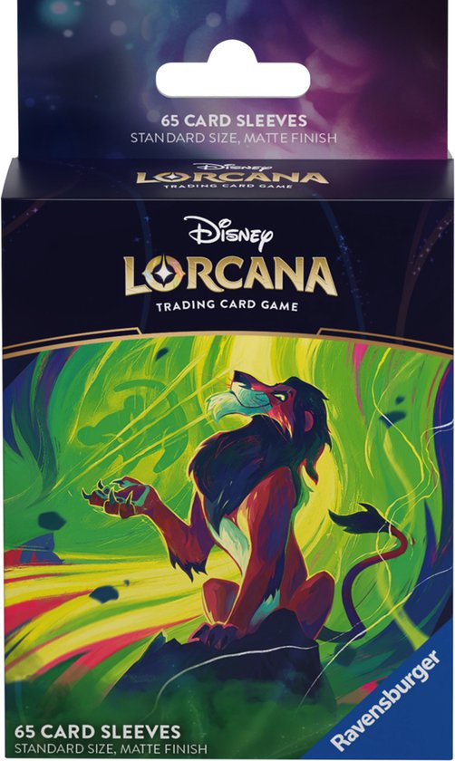Lorcana Elke verpakking bevat 65 kaarthoezen met matte afwerking en een Disney Lorcana-glimmer.