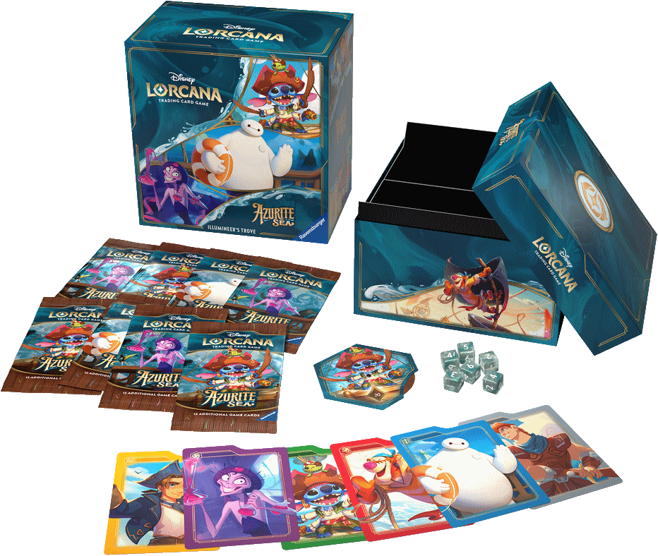 Lorcana De Illumineer’s Trove is de ultieme schat voor zowel verzamelaars als spelers en bevat een kunstzinnige opbergdoos met 6 kaartverdelers met inktthema om je Disney Lorcana TCG-kaarten veilig en georganiseerd te houden.De Illumineer’s Trove bevat 8
