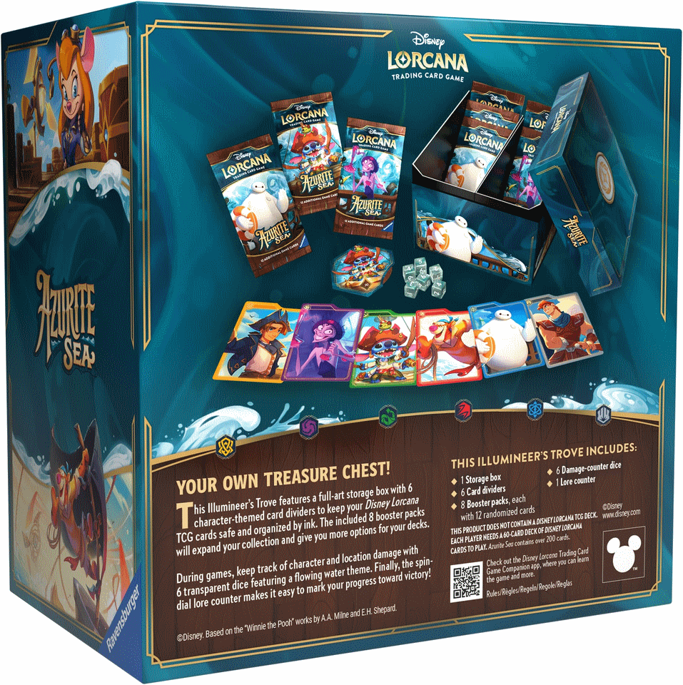 Lorcana De Illumineer’s Trove is de ultieme schat voor zowel verzamelaars als spelers en bevat een kunstzinnige opbergdoos met 6 kaartverdelers met inktthema om je Disney Lorcana TCG-kaarten veilig en georganiseerd te houden.De Illumineer’s Trove bevat 8