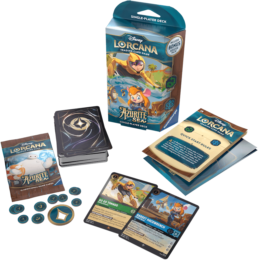 Lorcana Om Disney Lorcana te spelen, heeft elke speler een kaartspel van zestig kaarten nodig. Kant-en-klare startdecks bevatten een voorgeconstrueerd deck met een specifieke kaartenlijst. Als ruilkaartspellen nieuw voor je zijn, of als je het spel wilt e