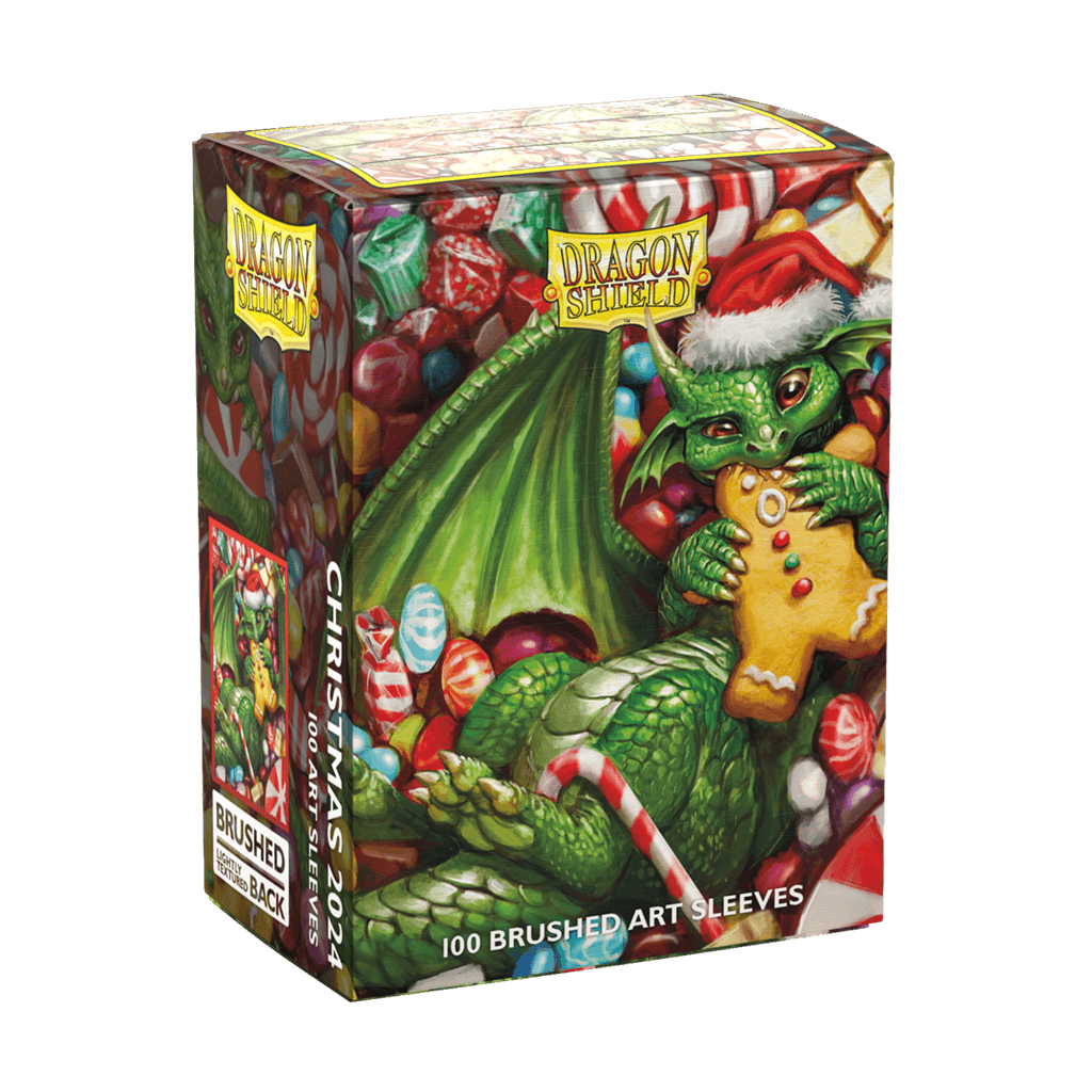 Accessoires The 2024 Dragon Shield Christmas Brushed Art sleeves feature mischevious dragons endulging in seasonal sweets. Brushed Art sleeves feature a lightly textured back and provide a steady shuffle-feel as you face off against your opponents. Art sl