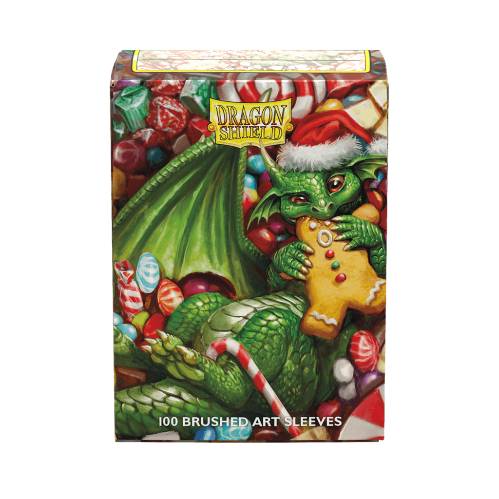 Accessoires The 2024 Dragon Shield Christmas Brushed Art sleeves feature mischevious dragons endulging in seasonal sweets. Brushed Art sleeves feature a lightly textured back and provide a steady shuffle-feel as you face off against your opponents. Art sl