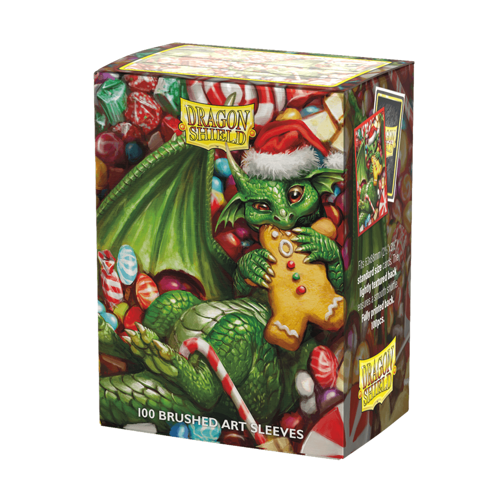 Accessoires The 2024 Dragon Shield Christmas Brushed Art sleeves feature mischevious dragons endulging in seasonal sweets. Brushed Art sleeves feature a lightly textured back and provide a steady shuffle-feel as you face off against your opponents. Art sl
