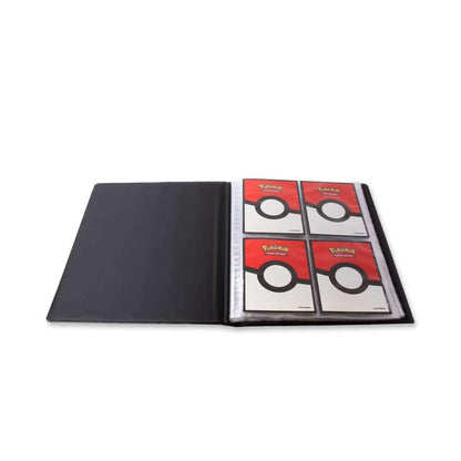 Pokémon 4-Pocket Portfolios for Pokémon feature a vibrant, full-art cover of Pecharunt and The Loyal Three (Okidogi, Munkidori, and Fezandipiti) from Pokémon Scarlet and Violet. Each portfolio stores and protects up to 40 standard size cards single-loaded