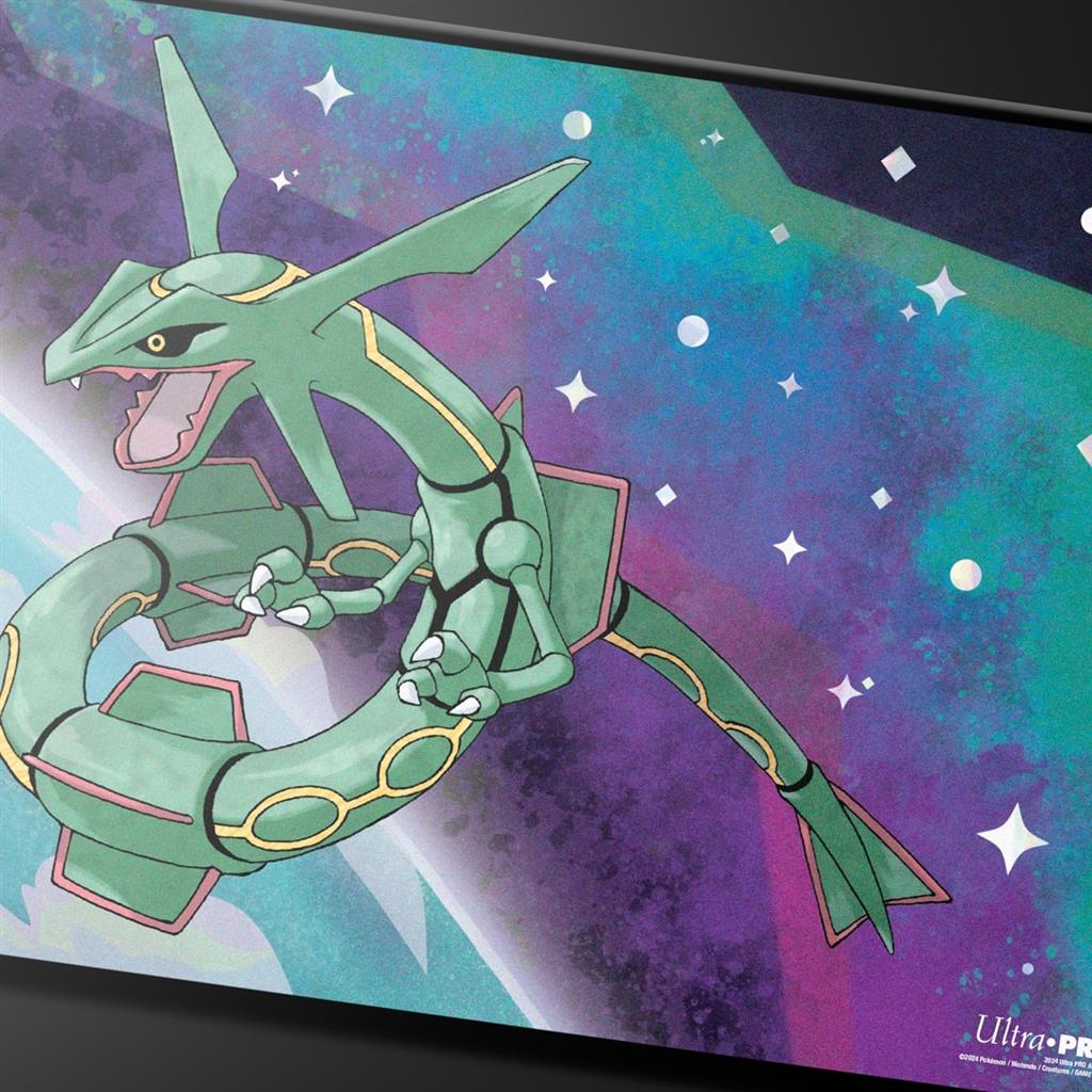 Pokémon Make it a game to remember with Legendary Foil Playmats for Pokémon! With vibrant, full-color artwork of legendary Pokémon Rayquaza, this playmat features premium spot foil starlight accents for added shine. Made with a soft fabric top to reduce d