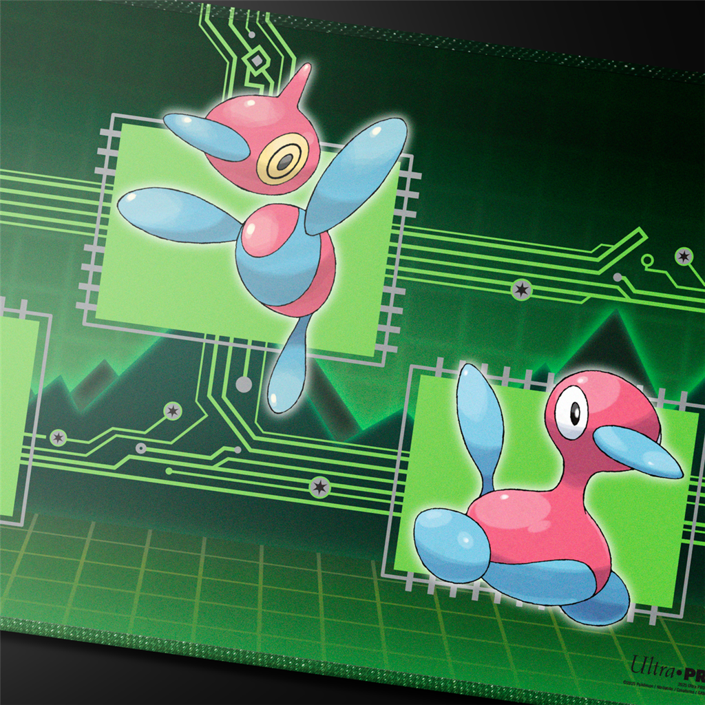 Pokémon This Stitched Playmat for Pokémon features vibrant, full-color artwork of Porygon, Porygon2, and Porygon-Z. Made with a soft fabric top to reduce damage to cards during play, and features a non-slip rubber backing to keep the playmat from shifting