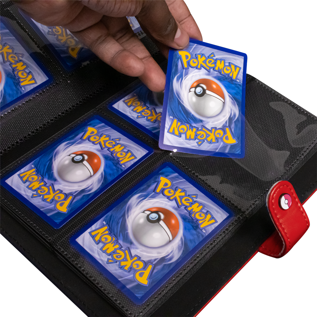 Pokémon The Premium Snap Binder for Pokémon is the ideal accessory for trading card collectors of every age!Each binder features a red padded leatherette cover with a rubber Pokémon logo emblem, and can be securely closed with the enamel Poké Ball snap on
