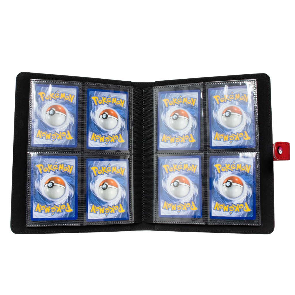 Pokémon The Premium Snap Binder for Pokémon is the ideal accessory for trading card collectors of every age!Each binder features a red padded leatherette cover with a rubber Pokémon logo emblem, and can be securely closed with the enamel Poké Ball snap on