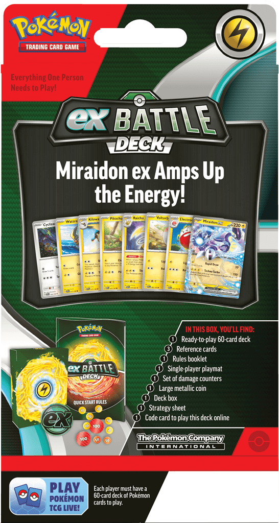 Pokémon De POK TCG May ex Battle Decks bevat: 1 set met 60 kaarten waarmee je direct aan de slag kunt 3 referentiekaarten 1 handleiding om snel te kunnen beginnen 1 single-player speelmat 1 set damage counters 1 munt 1 Deckbox 1 strategie overzicht 1 code
