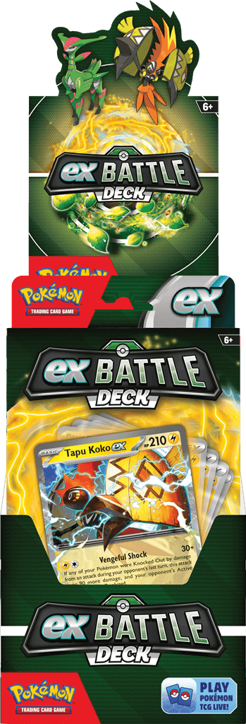 Pokémon Machtige Pokémon ex strijden voor de overwinning!Machtige Pokémon ex staan klaar om het slagveld op te stormen in de nieuwe Pokémon TCG: ex Battle Decks! Elk deck van 60 kaarten wordt geleid door een uitzonderlijke Pokémon ex en bevat alles wat je