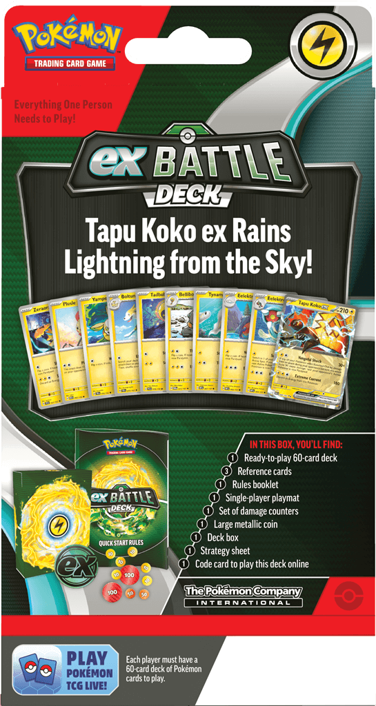 Pokémon Machtige Pokémon ex strijden voor de overwinning!Machtige Pokémon ex staan klaar om het slagveld op te stormen in de nieuwe Pokémon TCG: ex Battle Decks! Elk deck van 60 kaarten wordt geleid door een uitzonderlijke Pokémon ex en bevat alles wat je