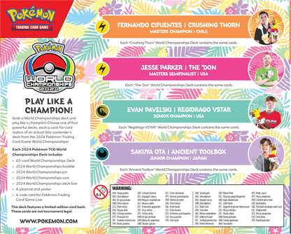 Pokémon Maak je klaar voor de strijd met de nieuwste Pokémon TCG World Champions Deck! Deze decks zijn replica's van decks die zijn gebruikt tijdens de Pokémon TCG Worlds 2024 in Hawaii. Elke Pokémon TCG World Champions Deck (WCS 2024) bevat: Deck bestaan