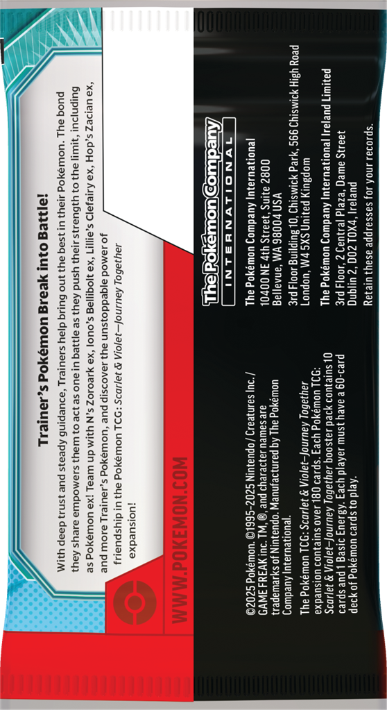 Pokémon Pokémon TCG SV09 - Journey Together!Met diep vertrouwen en vastberaden begeleiding helpen Trainers het beste in hun Pokémon naar boven te halen.De band die ze delen, stelt hen in staat als één te handelen in gevechten terwijl ze hun krachten tot h