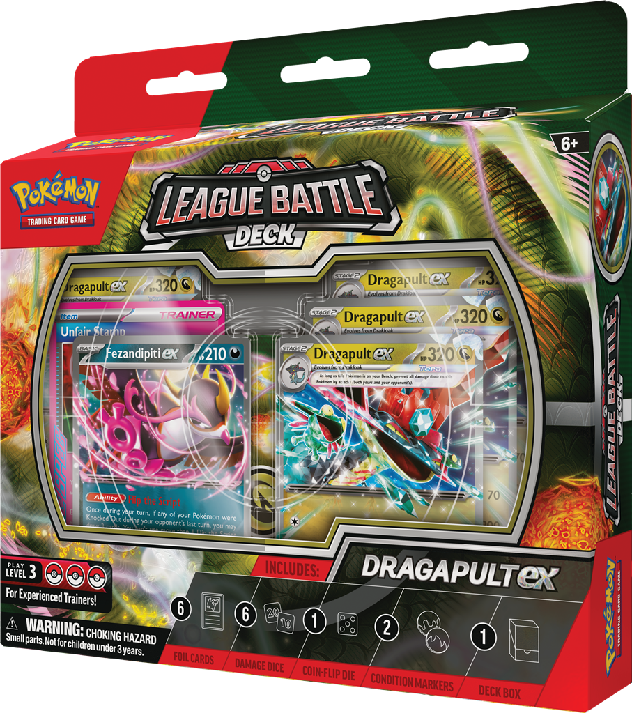 Pokémon Neem een duik en sla je tegenstanders knock-out met Dragapult ex!In dit product vind je de volgende items: 1 klaar om te spelen 60-kaart deck 6 toernooiklare schade-dobbelstenen 1 coin-flip dobbelsteen 2 munt-conditiemarkers 1 deck box 1 strategie