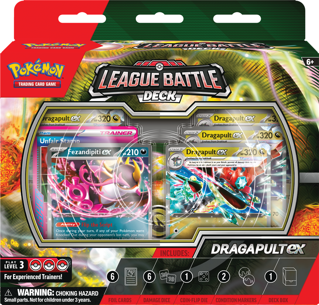 Pokémon Neem een duik en sla je tegenstanders knock-out met Dragapult ex!In dit product vind je de volgende items: 1 klaar om te spelen 60-kaart deck 6 toernooiklare schade-dobbelstenen 1 coin-flip dobbelsteen 2 munt-conditiemarkers 1 deck box 1 strategie