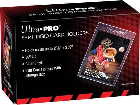 Accessoires Semi-rigid card holders with 1/2" lip; protects card from damage. Holds cards up to 2-1/2" x 3-1/2" (63.5mm x 88.9mm). 200-count box.