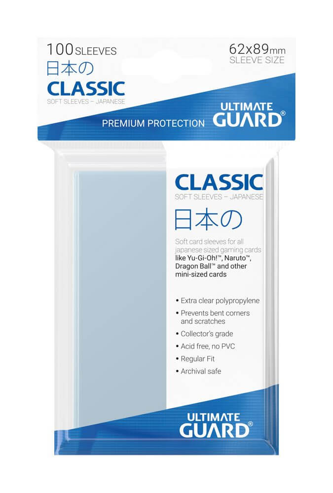 Accessoires This pack contains 100 card sleeves for all Japanese sized gaming cards, like Yu-Gi-Oh!™ and others.- High clearness- Extra clear polypropylene- Collector´s grade- Acid free, no PVC- Regular fit- Archival safe- Sleeve size: 62 x 89 mm