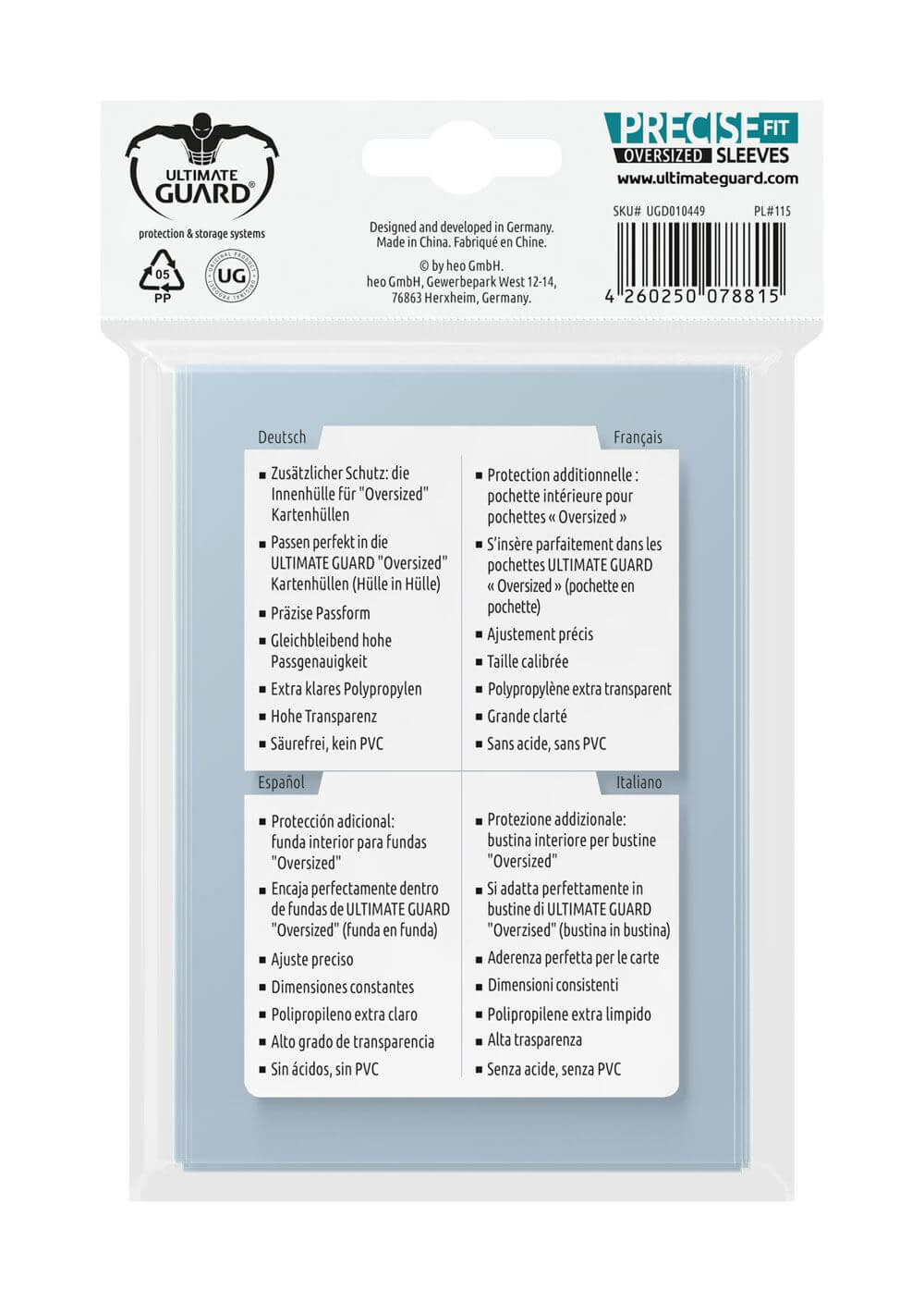 Accessoires These sleeves fit perfectly into ULTIMATE GUARD Oversized Sleeves (sleeve in sleeve). Perfect for Magic the Gathering(TM) Commander and other oversized cards. 40 sleeves per pack.- Precision card fit- Consistent sizing- Extra clear polypropyle