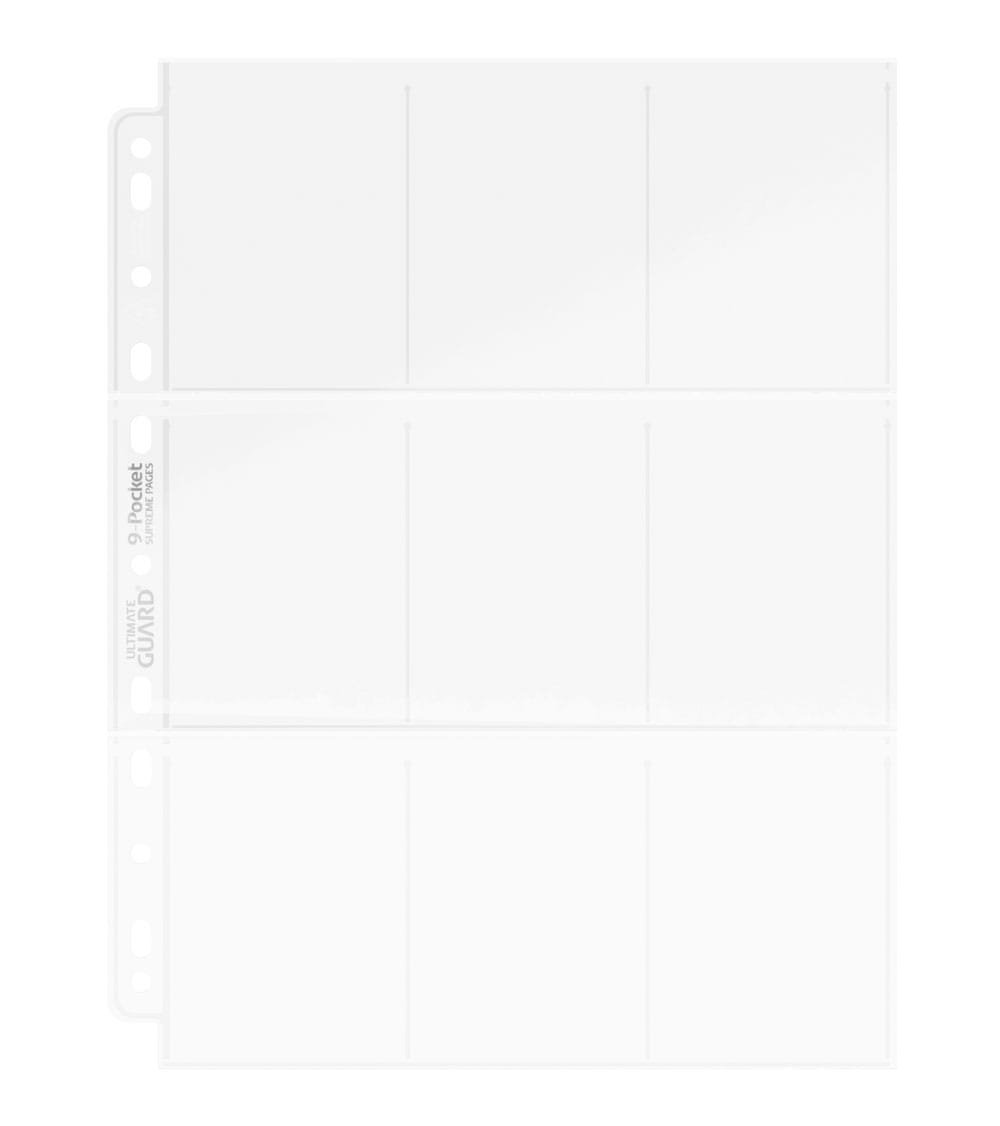 Accessoires High-quality 9-pocket pages, that fit in almost any D-Ring-Binder, thanks to the double reinforced 11-hole strip. Each pack contains 100 pages for storing and carrying at least 900 double-sleeved cards (9 per page). Top-loading Design Double r
