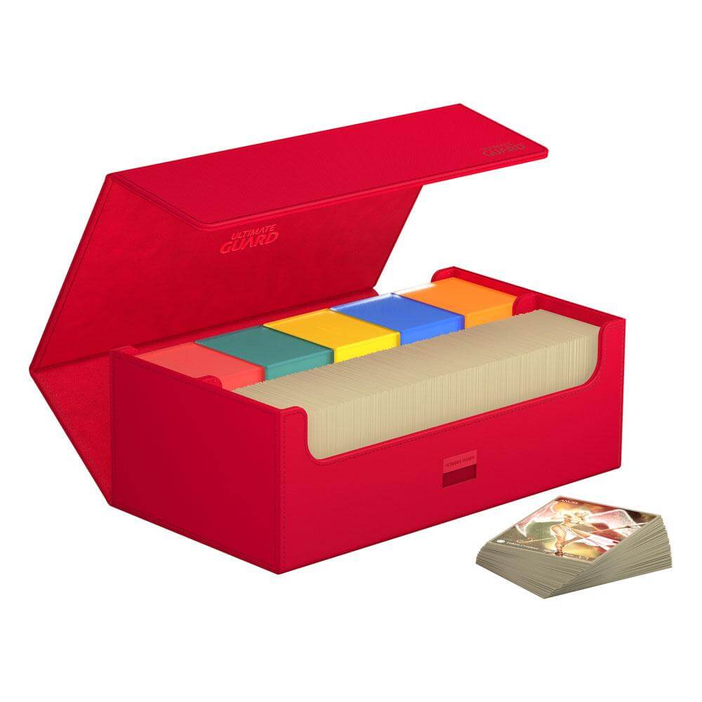 Accessoires Double your storage with our Arkhive 800+! This box offers space for more than 800 double-sleeved cards in standard size, can hold 350 Toploaders, or its two rows can simply be filled with a selection of your favorite deck boxes and cases. Its