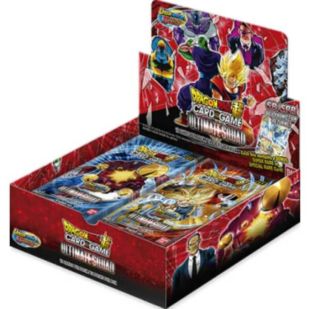 Dragon Ball Elke Ultimate Squad Booster Box bevat 24 Booster Packs. Elke Booster Pack bevat 12 kaarten.
