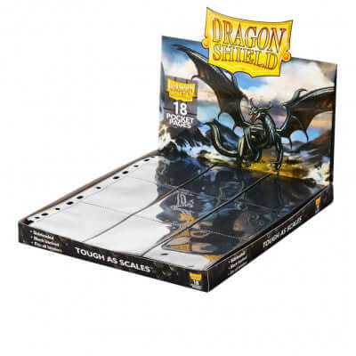 Accessoires Dragon Shield 18-Pocket Pages hebben afgeronde hoeken en zachte randen: 50 pagina's per pak, gemaakt voor standaard formaat kaarten, zwarte rug.