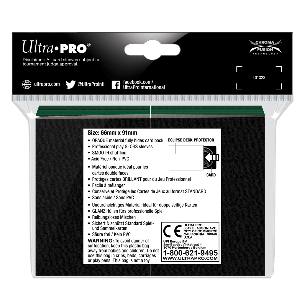 Accessoires Eclipse Deck Protector sleeves are now in 100ct packages, with three new colors! Royal Purple, Smoke Grey, & Forest Green. • New part numbers and color names to avoid ordering confusion. • Increased color and edge consistency. • All colors are