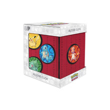Pokémon Collect, store, and personalize with the Alcove Click for Pokémon! The Alcove Click comes with four themed badges featuring Bulbasaur, Charmander, Squirtle and Pikachu. This Deck Box holds up to 100 standard size trading cards double-sleeved in Ul