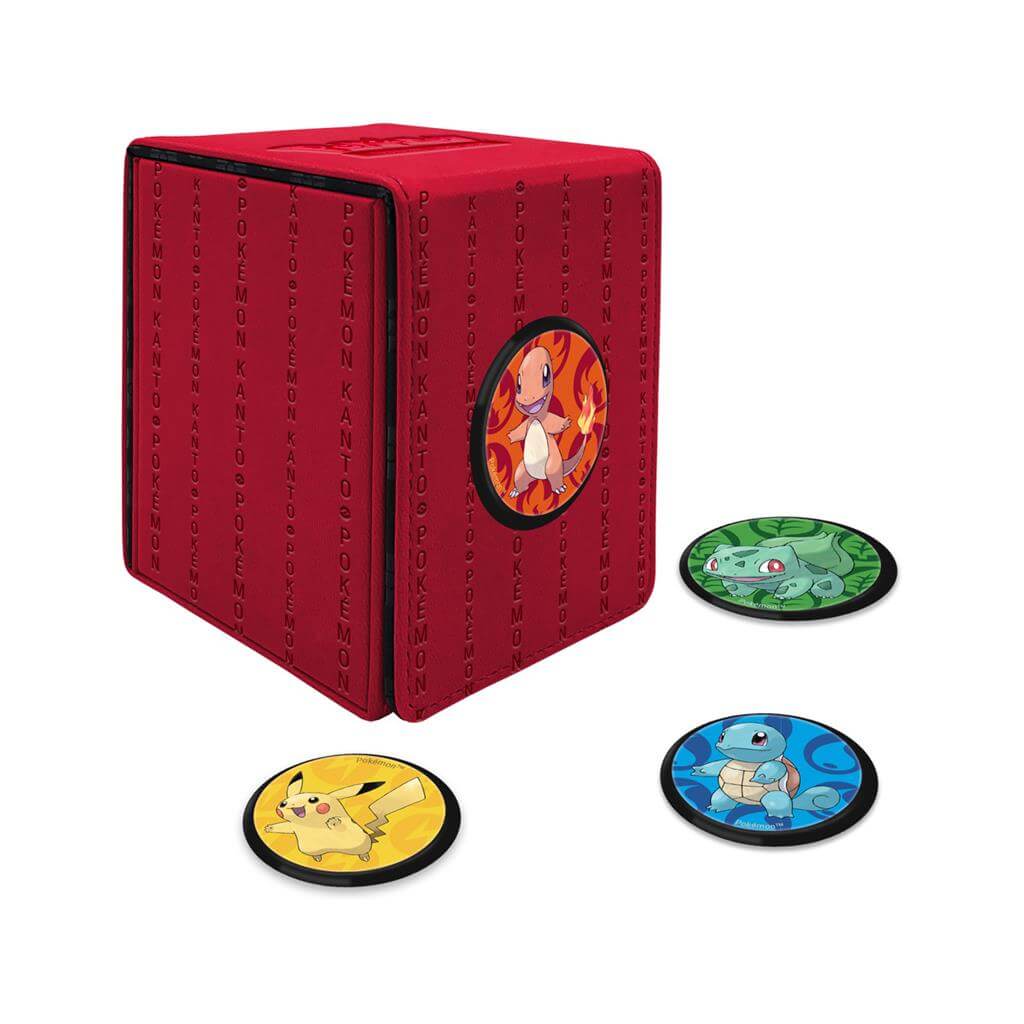 Pokémon Collect, store, and personalize with the Alcove Click for Pokémon! The Alcove Click comes with four themed badges featuring Bulbasaur, Charmander, Squirtle and Pikachu. This Deck Box holds up to 100 standard size trading cards double-sleeved in Ul