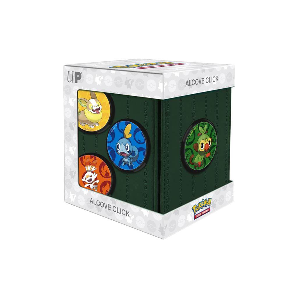 Pokémon Collect, store, and personalize with the Alcove Click for Pokémon! The Alcove Click comes with four themed badges featuring Grookey, Scorbunny, Sobble and Yamper. This Deck Box holds up to 100 standard size trading cards double-sleeved in Ultra PR