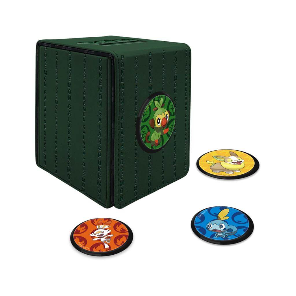 Pokémon Collect, store, and personalize with the Alcove Click for Pokémon! The Alcove Click comes with four themed badges featuring Grookey, Scorbunny, Sobble and Yamper. This Deck Box holds up to 100 standard size trading cards double-sleeved in Ultra PR