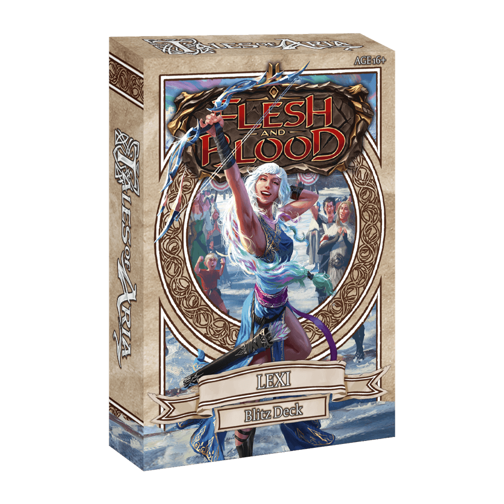 UITVERKOOP Een Flesh and Blood Blitz deck is een direct speelbaar heldendeck voor Flesh and Blood. Verkrijgbaar in 3 verschillende versies. Elk Tales of Aria Blitz deck bevat 40 kaarten (incl rainbow foil hero, weapon en equipment kaarten). Een display be