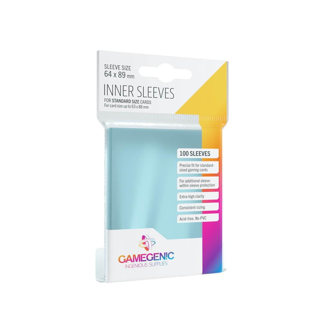Accessoires Extra veiligheid met inner sleeves! Deze sleeves met formaat 64x89mm worden gebruikt als 'binnensleeve' (sleeve-in-sleeve) om kaarten van maximaal 63x88mm extra te beschermen tegen stof, vuil of andere beschadigingen (zoals regelmatig schudden