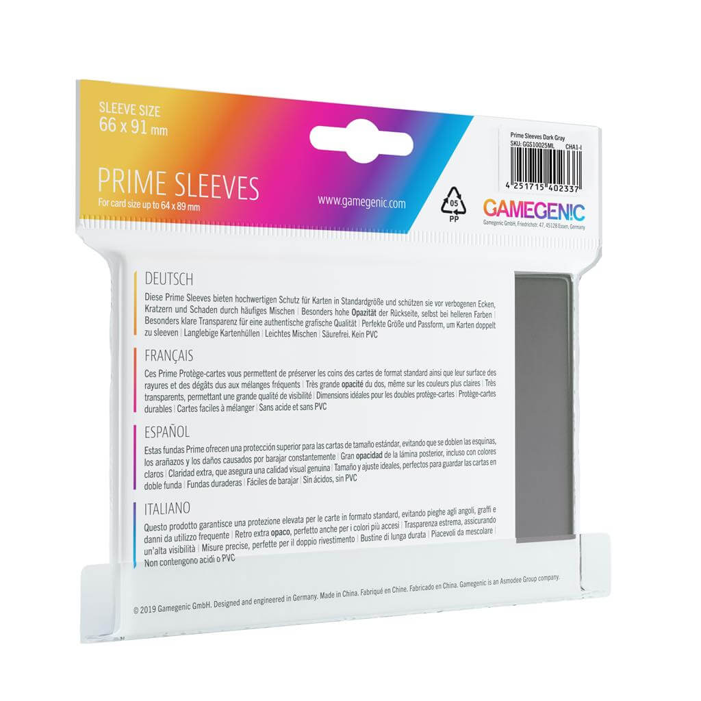 Accessoires Deze grijze Prime Sleeves bieden een hoogwaardige bescherming voor standaard formaat kaarten van maximaal 64x89mm.