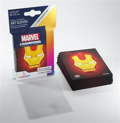 Accessoires SLEEVES Marvel Champions met Iron Man. Een pakje bevat 50+1 sleeves. Afmetingen zijn 66 x 91 mm.