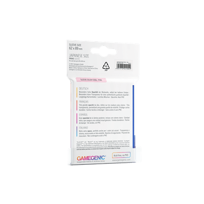Accessoires The Japanese Size Prime Sleeves are 62 x 89 mm in size. They are ideal for card games like Yu-Gi-Oh!TM, NarutoTM, Cardfight!! VanguardTM and many others. These Japanese-Sized sleeves not only offer great protection for game cards. They also pr