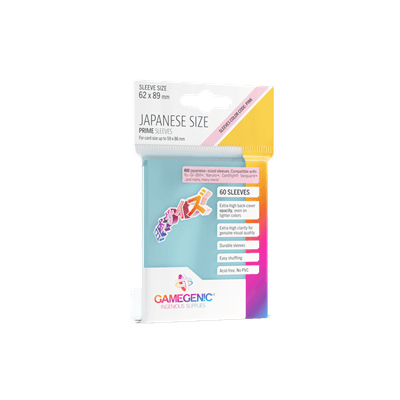 Accessoires The Japanese Size Prime Sleeves are 62 x 89 mm in size. They are ideal for card games like Yu-Gi-Oh!TM, NarutoTM, Cardfight!! VanguardTM and many others. These Japanese-Sized sleeves not only offer great protection for game cards. They also pr
