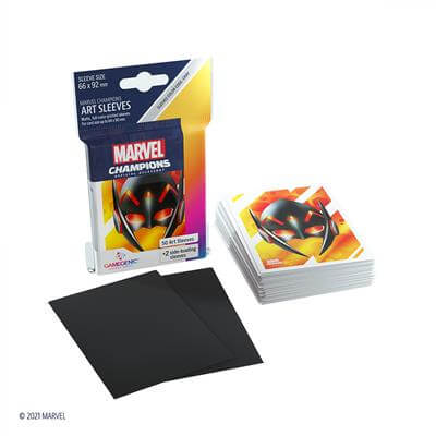 Accessoires SLEEVES Marvel Champions met Wasp. Een pakje bevat 50+1 sleeves. Afmetingen zijn 66 x 91 mm.