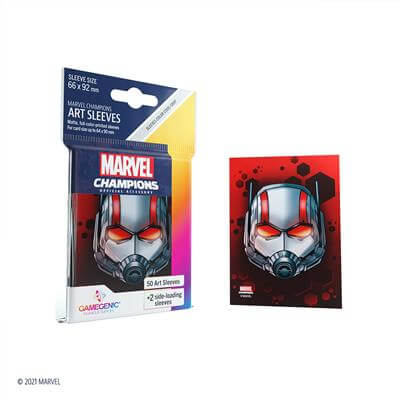 Accessoires SLEEVES Marvel Champions met Ant-Man. Een pakje bevat 50+1 sleeves. Afmetingen zijn 66 x 91 mm.