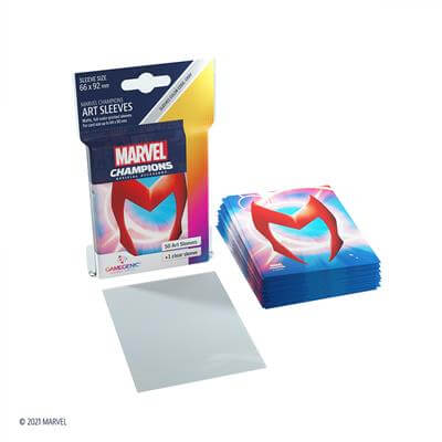 Accessoires SLEEVES Marvel Champions met Scarlet Witch. Een pakje bevat 50+1 sleeves. Afmetingen zijn 66 x 91 mm.