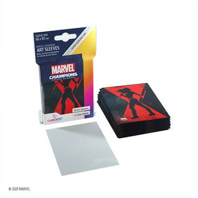 Accessoires SLEEVES Marvel Champions met Black Widow. Een pakje bevat 50+1 sleeves. Afmetingen zijn 66 x 91 mm.