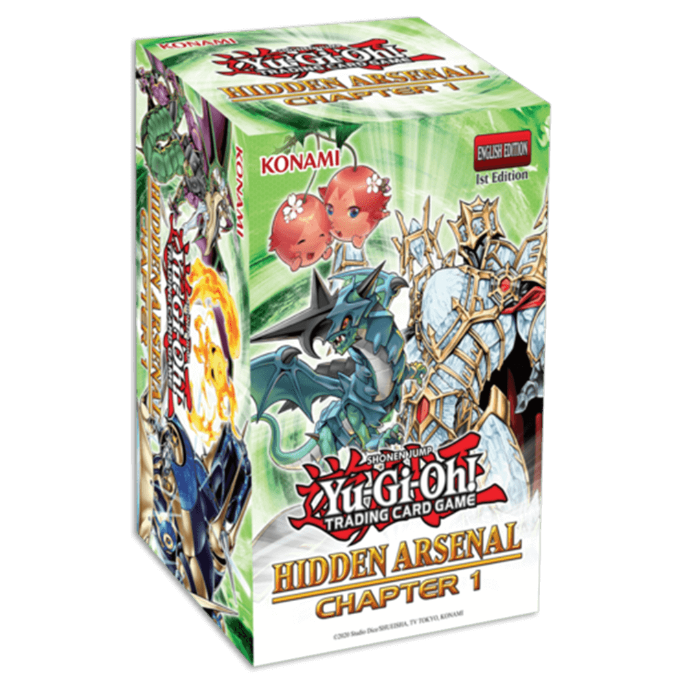 Yu-Gi-Oh Each Hidden Arsenal: Chapter 1 box contains: 1 Secret Rare variant card 2 packs with 18 cards each: 1 standard Ultra Rare, 2 colorful Ultra Rares (blue, green, or purple), and 15 Commons. 1 Hidden Arsenal Storyline Insert with playmat 1 of severa